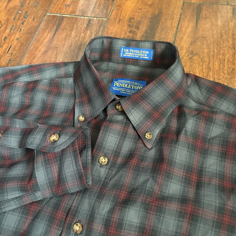 Sir Pendleton Wool Button Down Dress Shirt Mens M Black Plaid Tartan Worsted